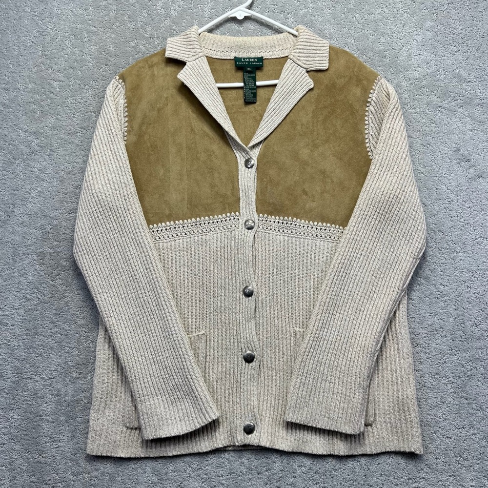 Lauren Ralph Lauren Cardigan Womens XL Beige Silk Linen Ribbed Faux Suede Yoke